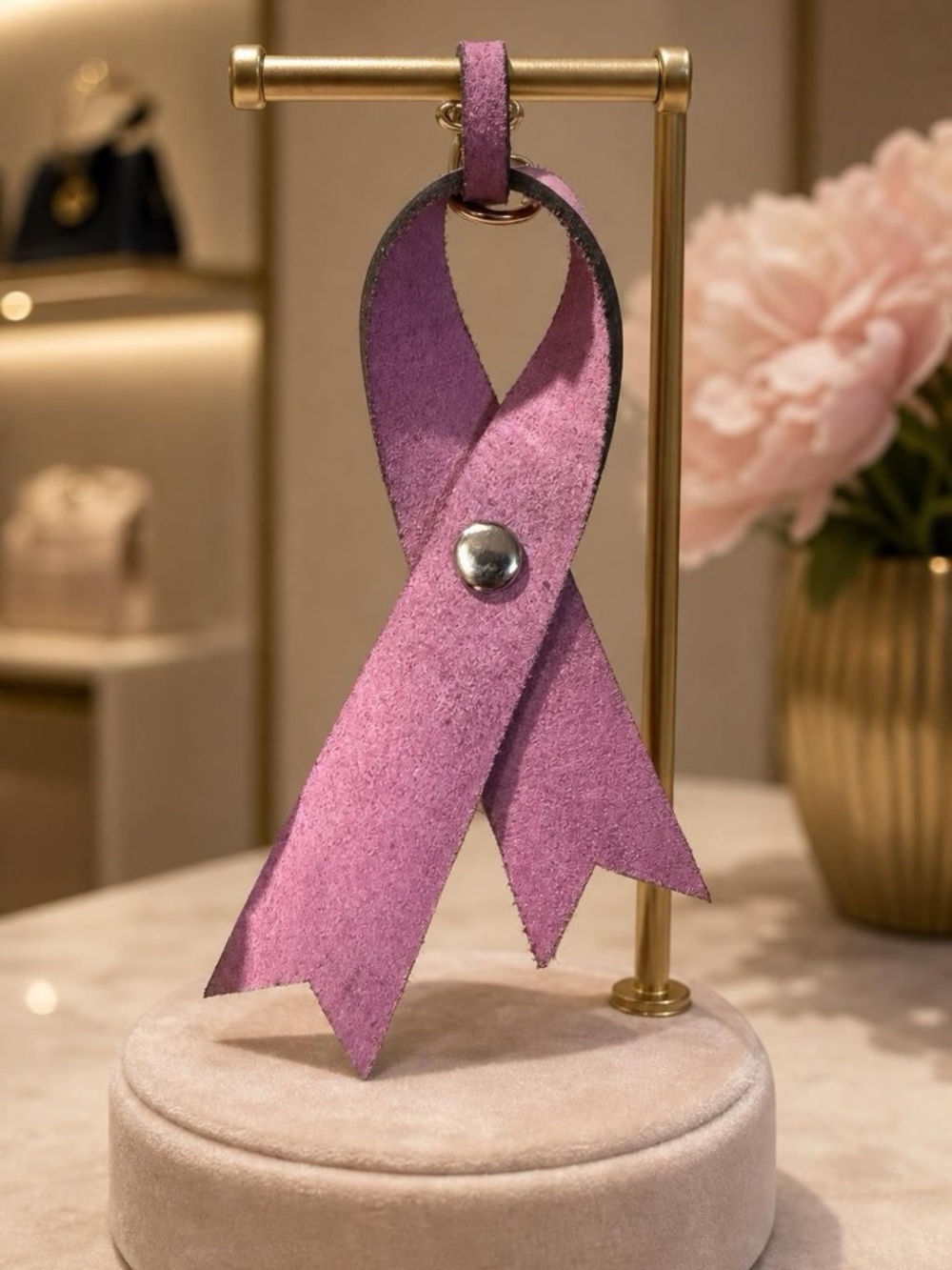 Pink Ribbon Leather Keychain Bag Charm